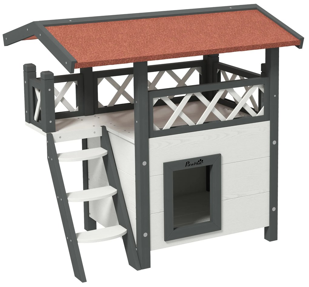 PawHut Casa para Gatos de Madeira 77x50x73cm Casa para Gatos com 2 Níveis com Teto Asfáltico Terraço Cercado Caverna e Escada Branco