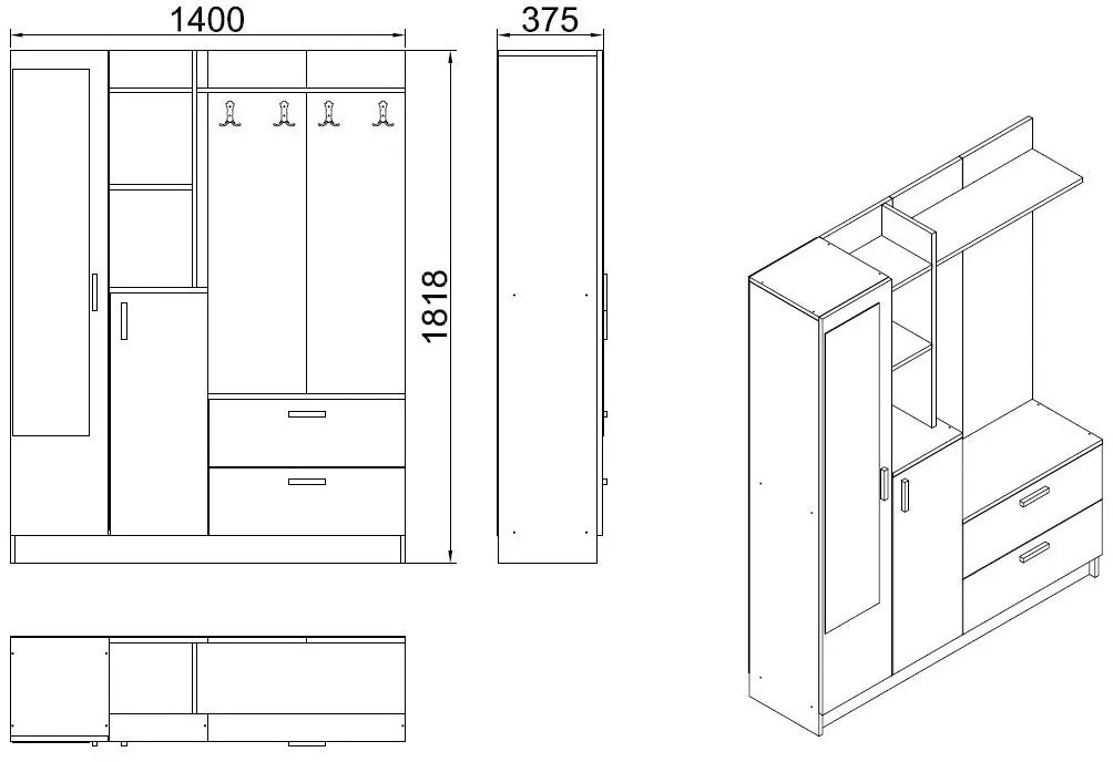 Hall Stand DD5 – Atlantic Pine White – 140x181,8x36,8 cm