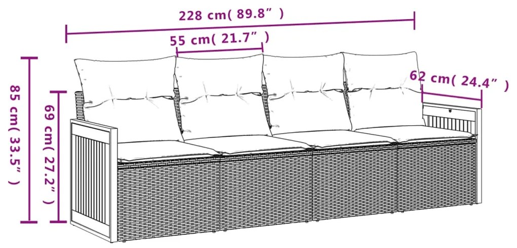 4 pcs conjunto de sofás para jardim c/ almofadões vime PE preto