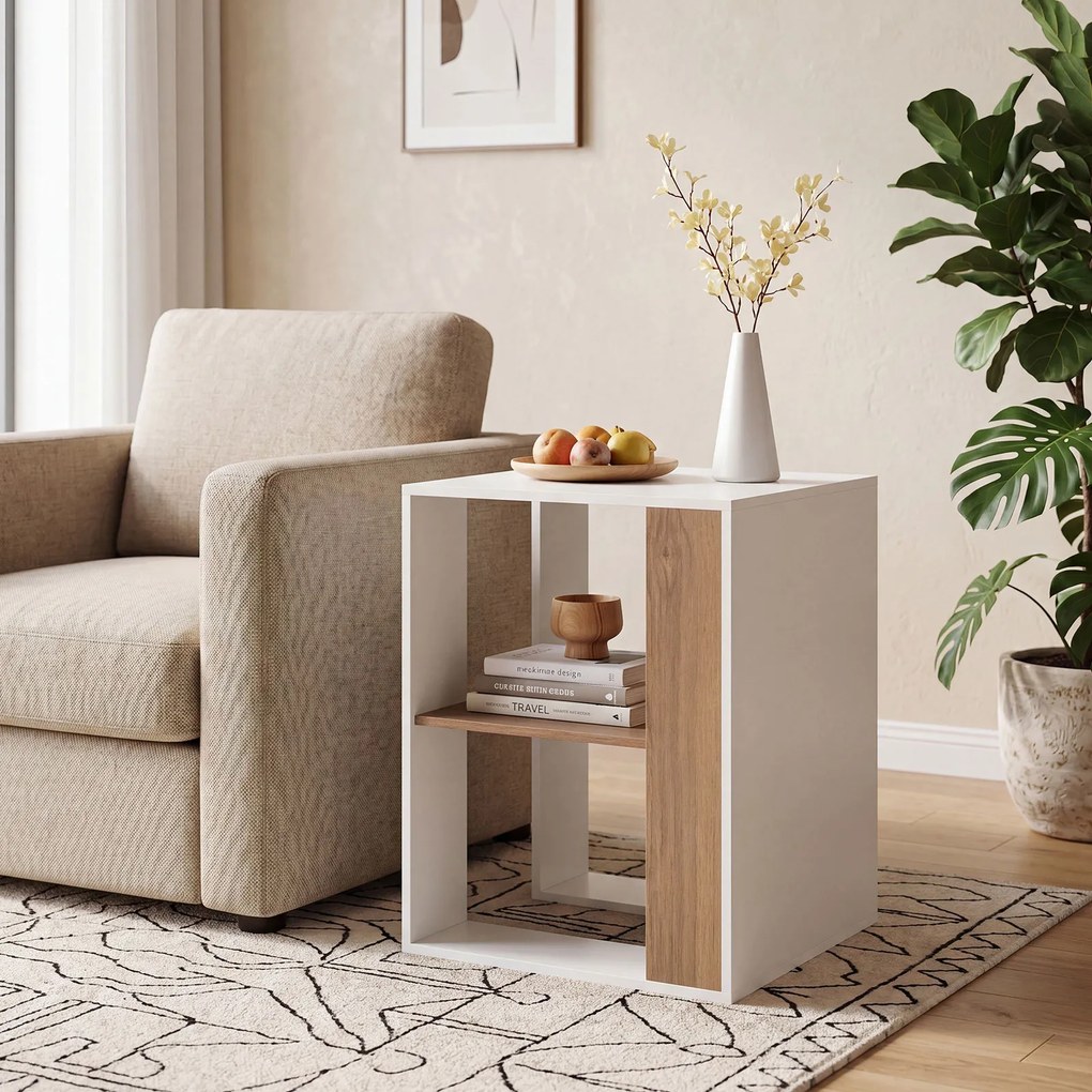 Mesa Auxiliar de 2 Níveis, 45 x 45 x 60 cm, Estante de Arrumação Aberta, Natural + Branco
