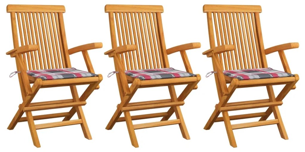vidaXL Cadeiras de jardim c/ almofadões xadrez vermelho 3 pcs teca