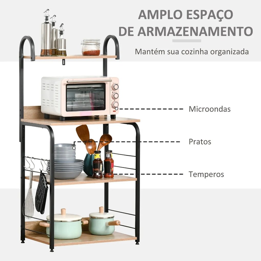 Estante de Cozinha para Microondas com 4 Níveis Ganchos e Pés Ajustáveis Estante de Armazenamento 60x40x125cm Madeira Natural