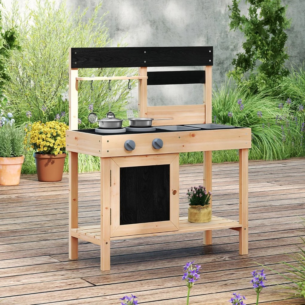 Conjunto de cozinha madeira para crianças com 2 pias removíveis, torneira, fogão e acessórios de cozinha para maiores de 3 anos, 67 x 30 x 82 cm, natu