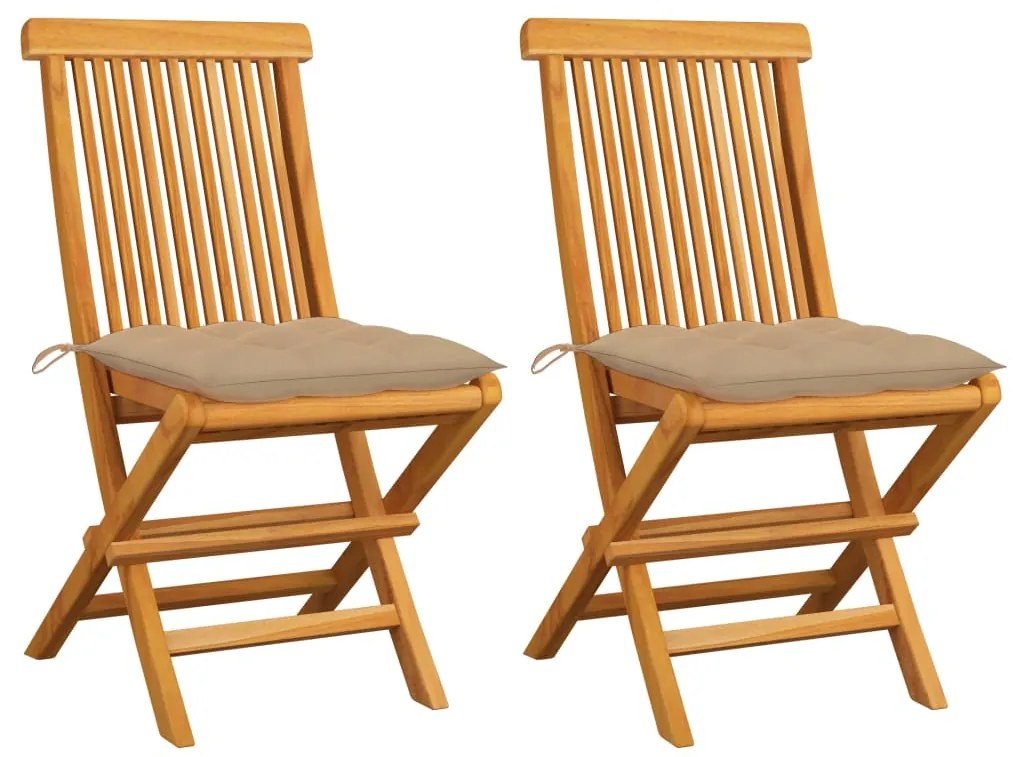 3062478 vidaXL Cadeiras de jardim c/ almofadões beges 2 pcs teca maciça