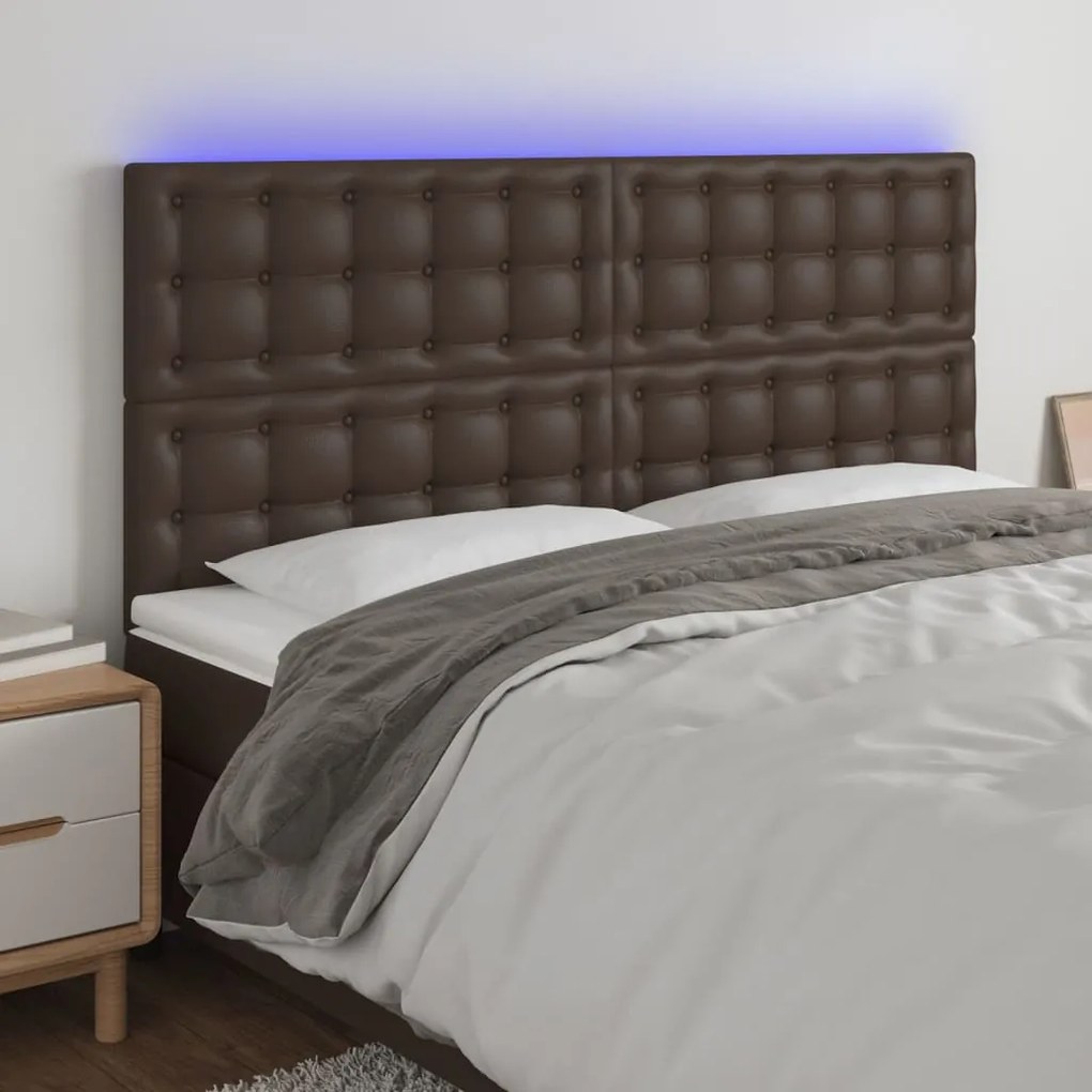 vidaXL Cabeceira cama c/ LED couro artif. 160x5x118/128 cm castanho
