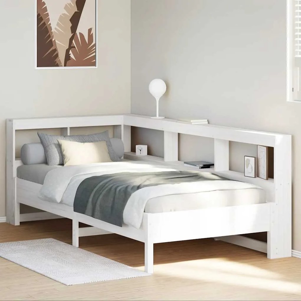 vidaXL Cama com estante sem colchão 90x200 cm pinho maciço branco