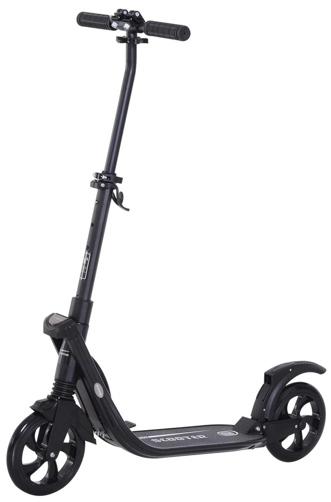 HOMCOM Trotinete Dobrável para Adultos e Crianças acima de 14 anos Guidão com Altura Ajustável Freio Rodas Grandes Carga 100kg 93,5x38x95-105cm Preto