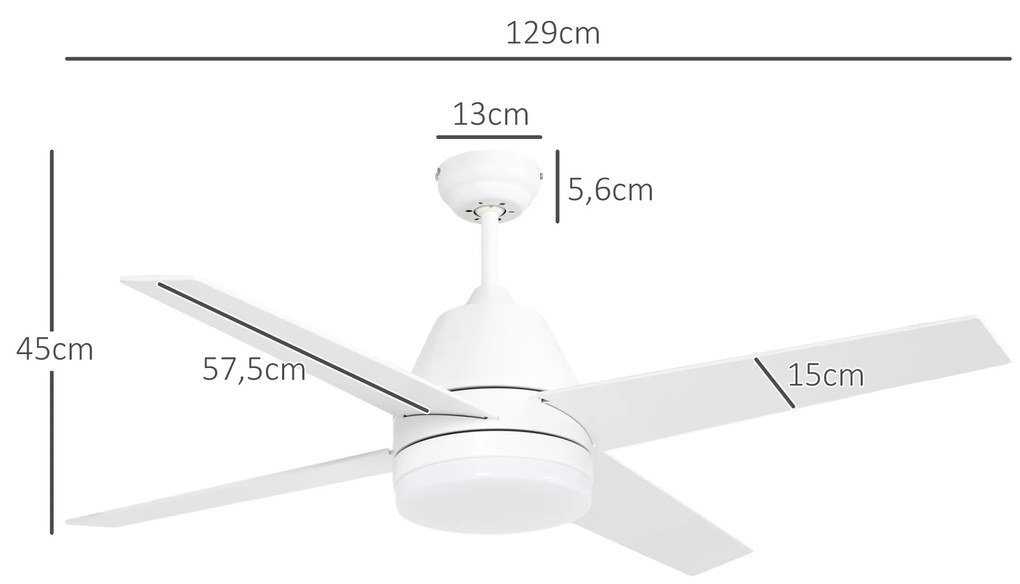 Ventoinha de Teto com Luz 46W Ø129 cm com 4 Lâminas Reversíveis Controlo Remoto 6 Velocidades e Temporizador Branco