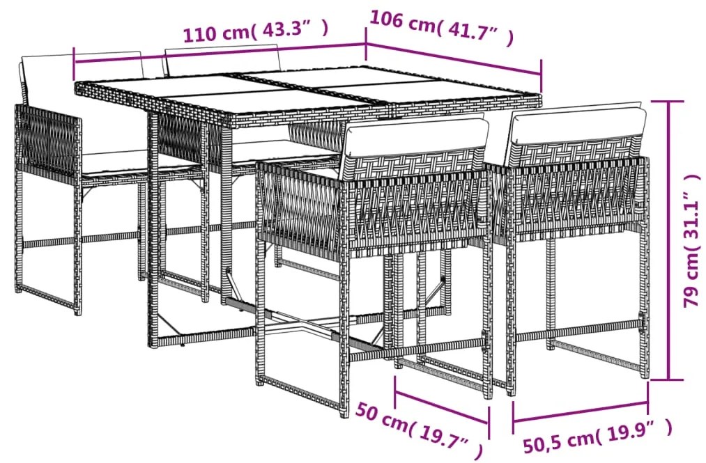 5 pcs conjunto de jantar p/ jardim com almofadões vime PE bege