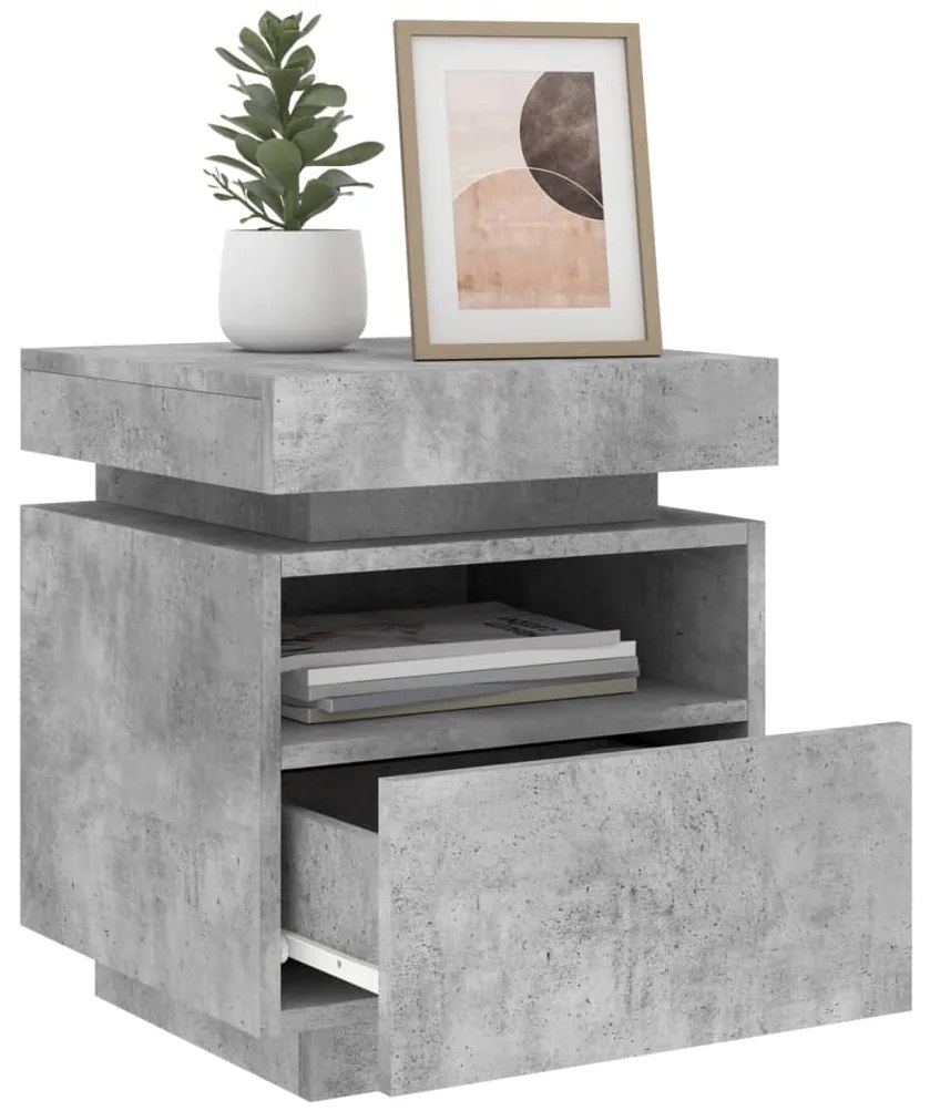 Mesa de cabeceira com luzes LED 40x39x48,5 cm cinzento-cimento