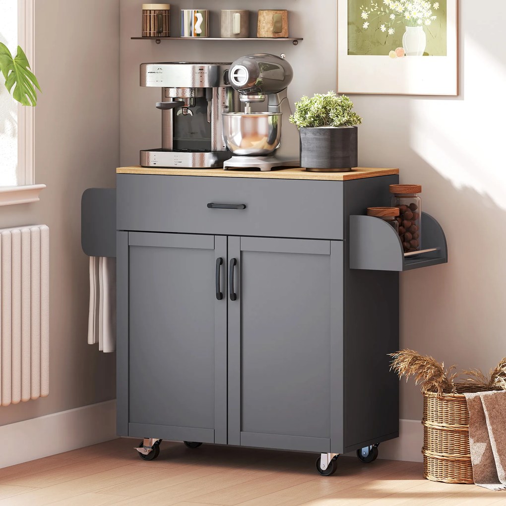 Carrinho Ilha de Cozinha com 1 Gaveta Suporte para Panos e Especies Carrinho Auxiliar com Rodas 105x36x85 cm Cinza