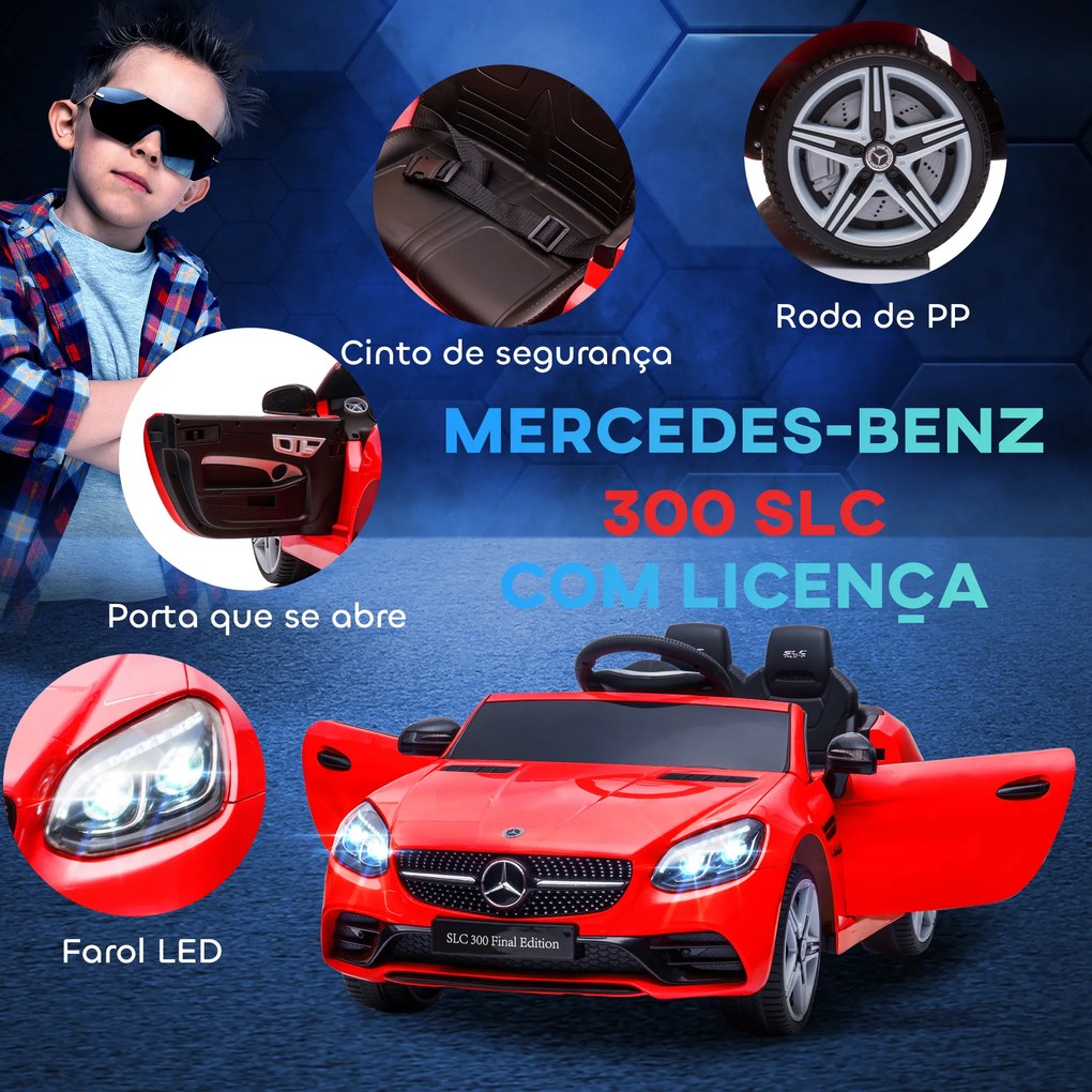 Carro Elétrico Mercedes SLC 300 12V com Controlo Remoto Faróis LED Música TF USB e Abertura da Porta 3-5km/h 107x62,5x44 cm Vermelho