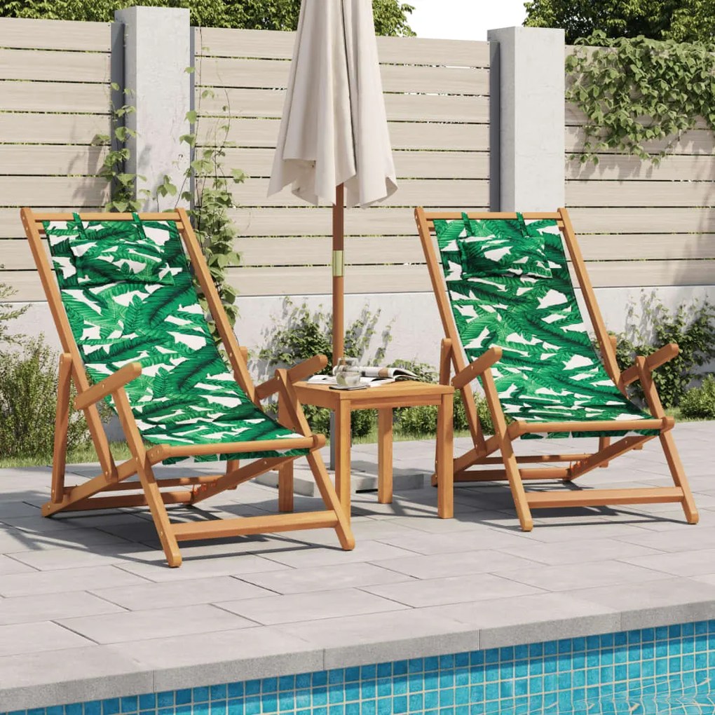 Cadeiras de praia dobráveis 2 pcs tecido/madeira padrão folhas