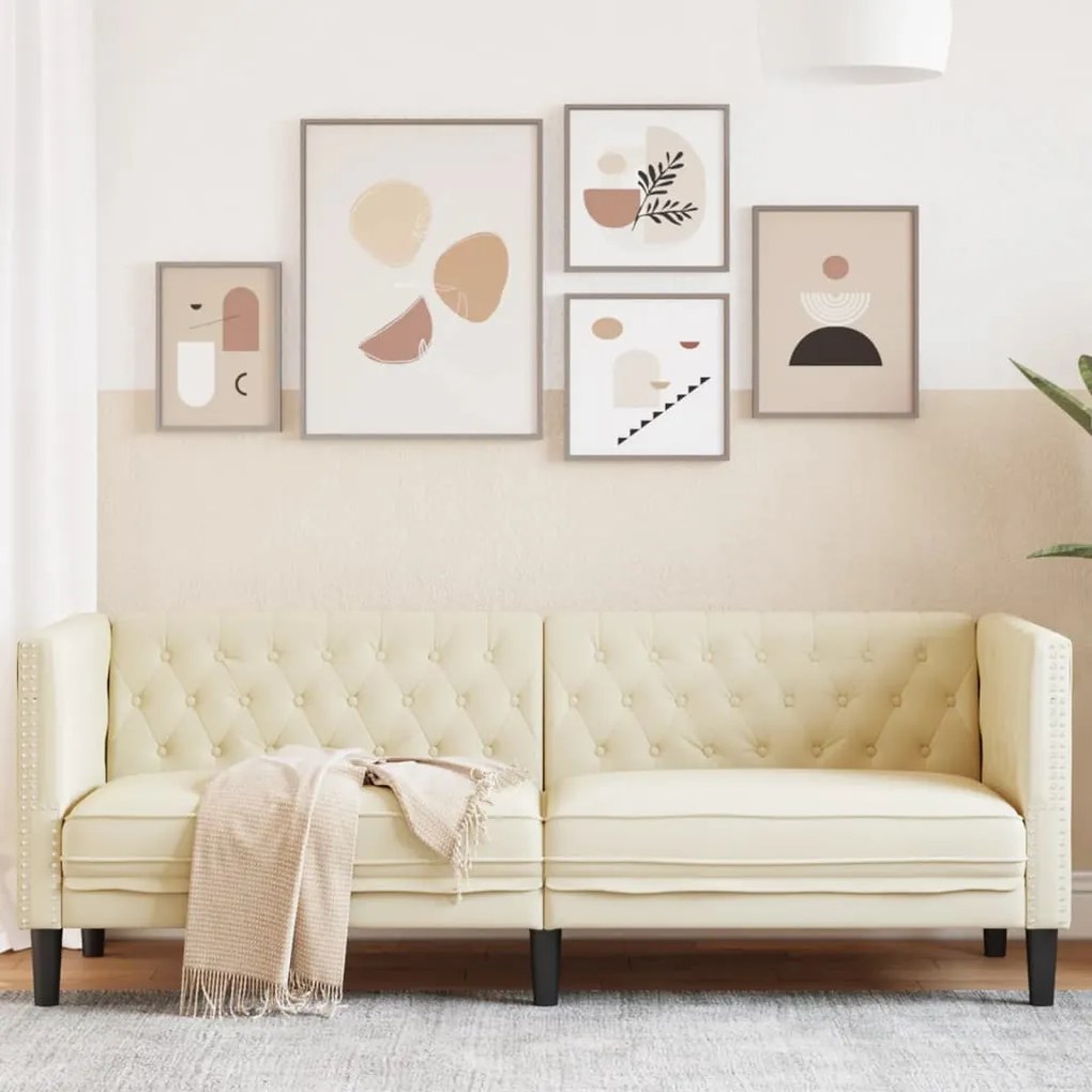 vidaXL Sofá chesterfield 3 lugares couro artificial creme