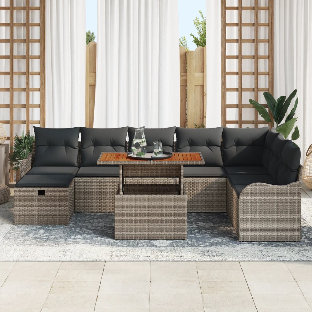 Conjunto de Sofá de Jardim de 9 Peças com Almofadas Cinza Rattan Polim