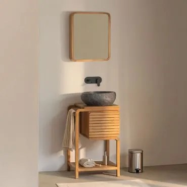 Conjunto De Móvel De Casa De Banho Em Madeira De Teca Bradley Irregular Em Cimento Preto ??40 Cm Fedro & Rectangular Esquina Arredondada - Sklum