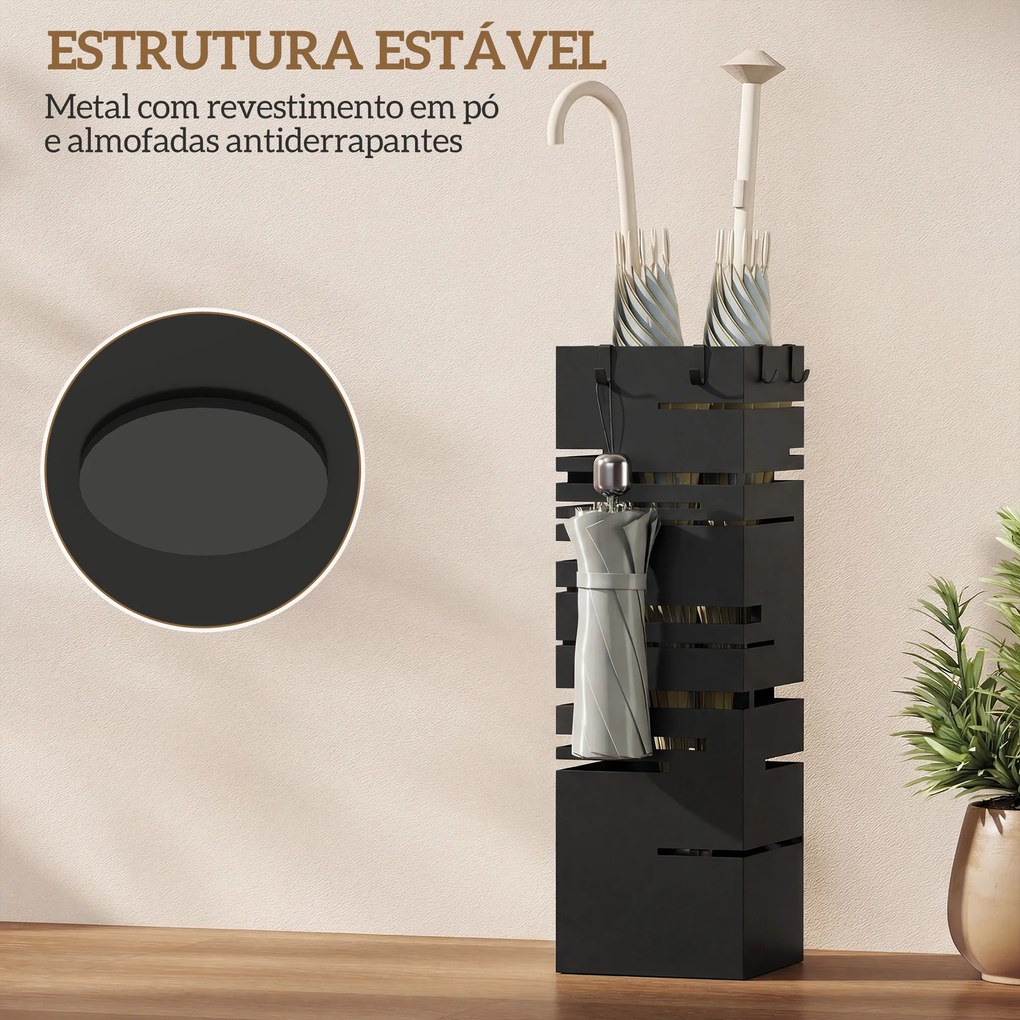 Suporte para Guarda Chuva Metálico com 4 Ganchos e Bandeja de Recolha de Gotas Removível  15,5x15,5x49 cm Preto