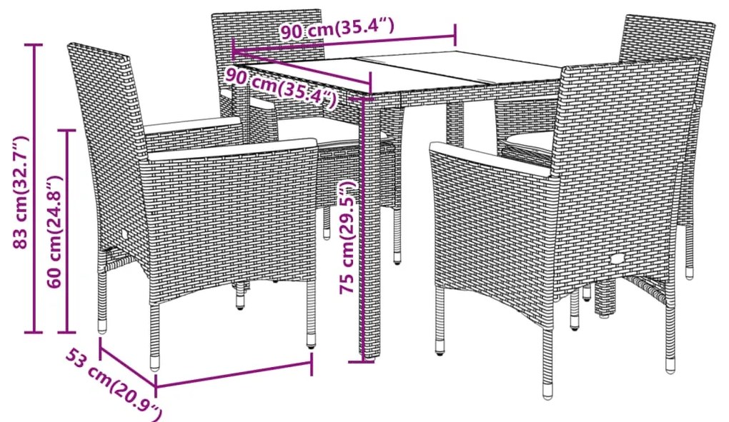 5 pcs conjunto jantar jardim com almofadões vime PE/vidro bege