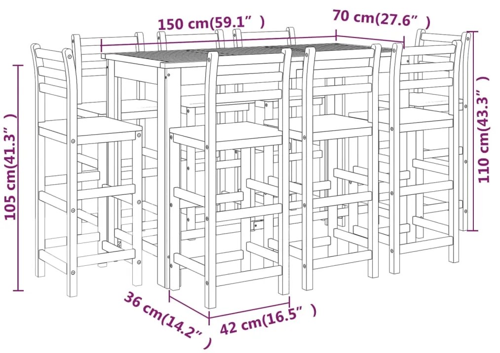 9 pcs conjunto de bar para jardim madeira de acácia maciça