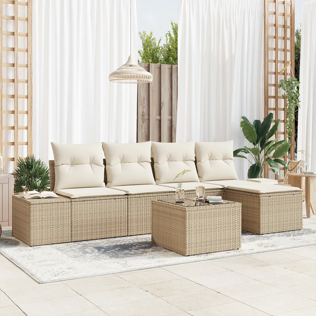 Conjunto de Sofá de Jardim de 6 Peças com Almofadas de Rattan Castanho
