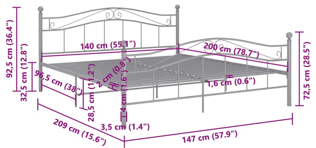 Estrutura de cama sem colchão 140x200 cm metal cinzento