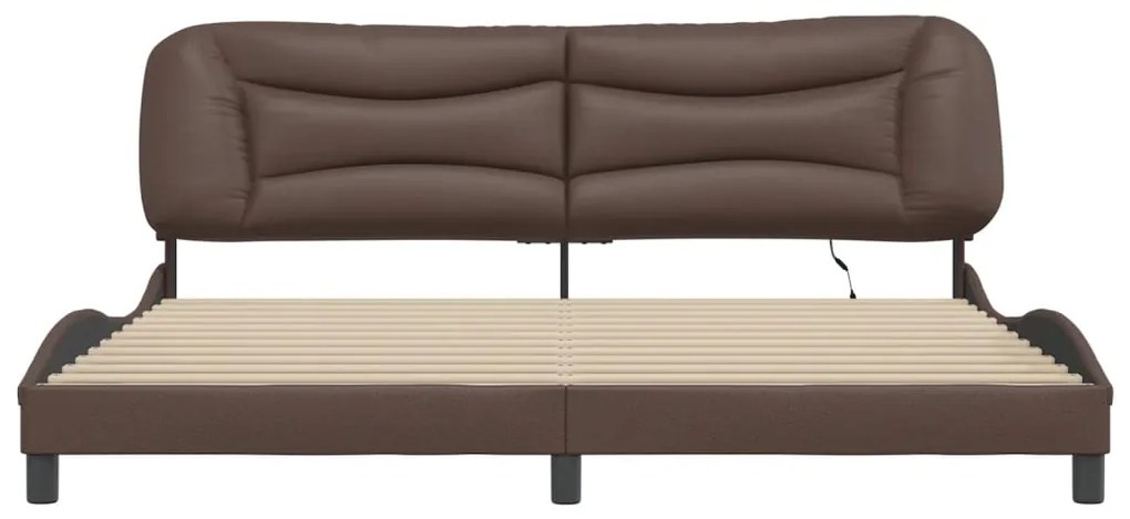 Estrutura cama c/ luz LED 200x200 cm couro artificial castanho