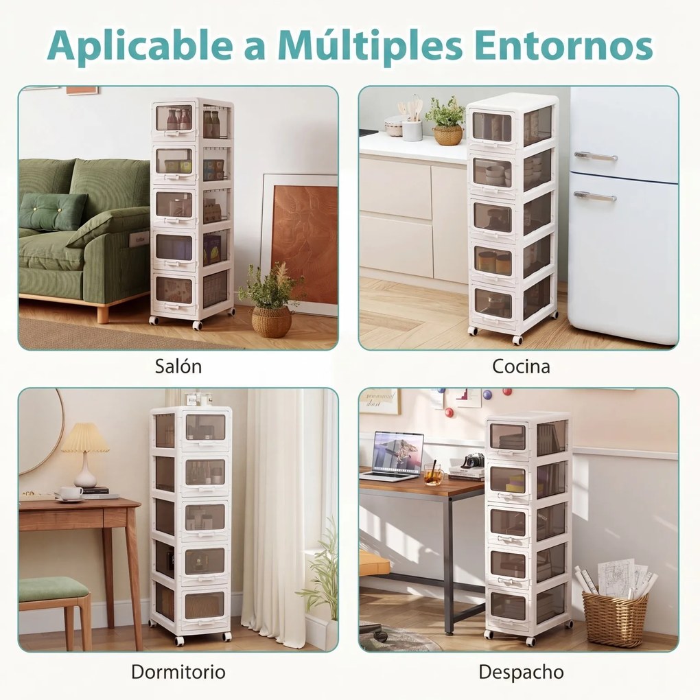 Móvel de Arrumação com 5 Gavetas, 42 x 28 x 112,5 cm, Rodas com Travão, Branco
