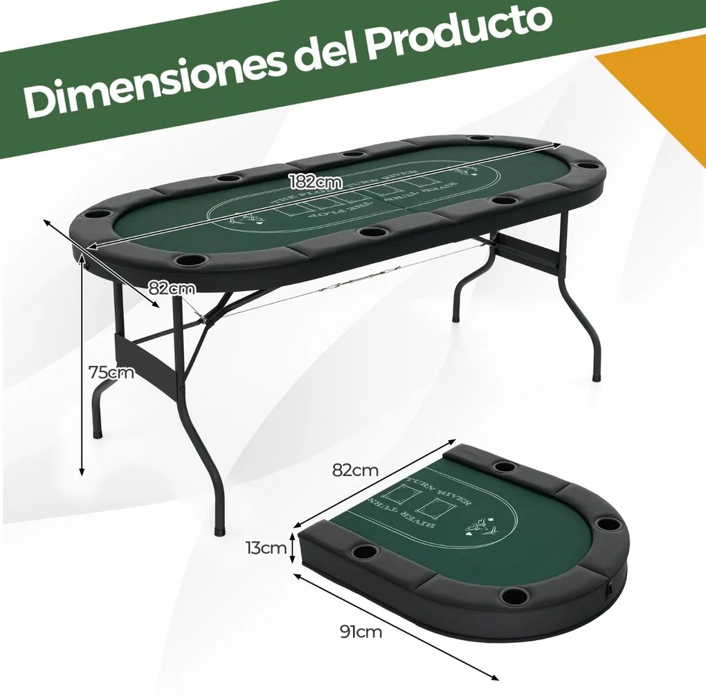 Mesa de póquer dobrável de 182 cm para 8 jogadores Mesa de jogo oval portátil com suporte para copos Corrimões almofadados para casa Verde
