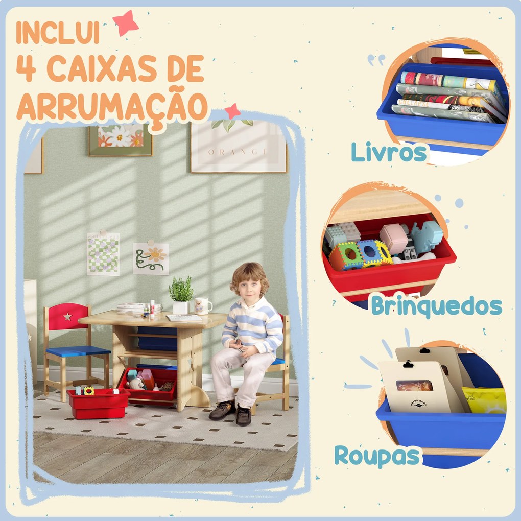 Mesa e Cadeiras para Crianças com 4 Cestos de Arrumação Conjunto de Móveis para Crianças acima de 3 Anos Madeira