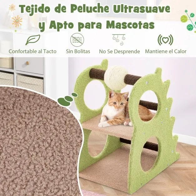 Arranhador moderno para gatos de interior com 2 níveis, bola giratória para arranhar, tecido felpudo e suporte para trepar verde e bege