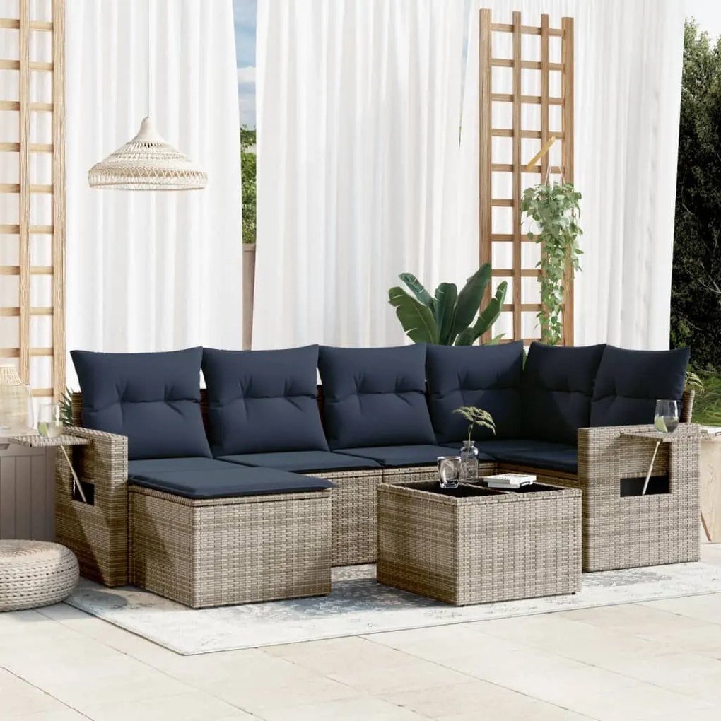 vidaXL 7 pcs conjunto sofás p/ jardim c/ almofadões vime PE cinzento
