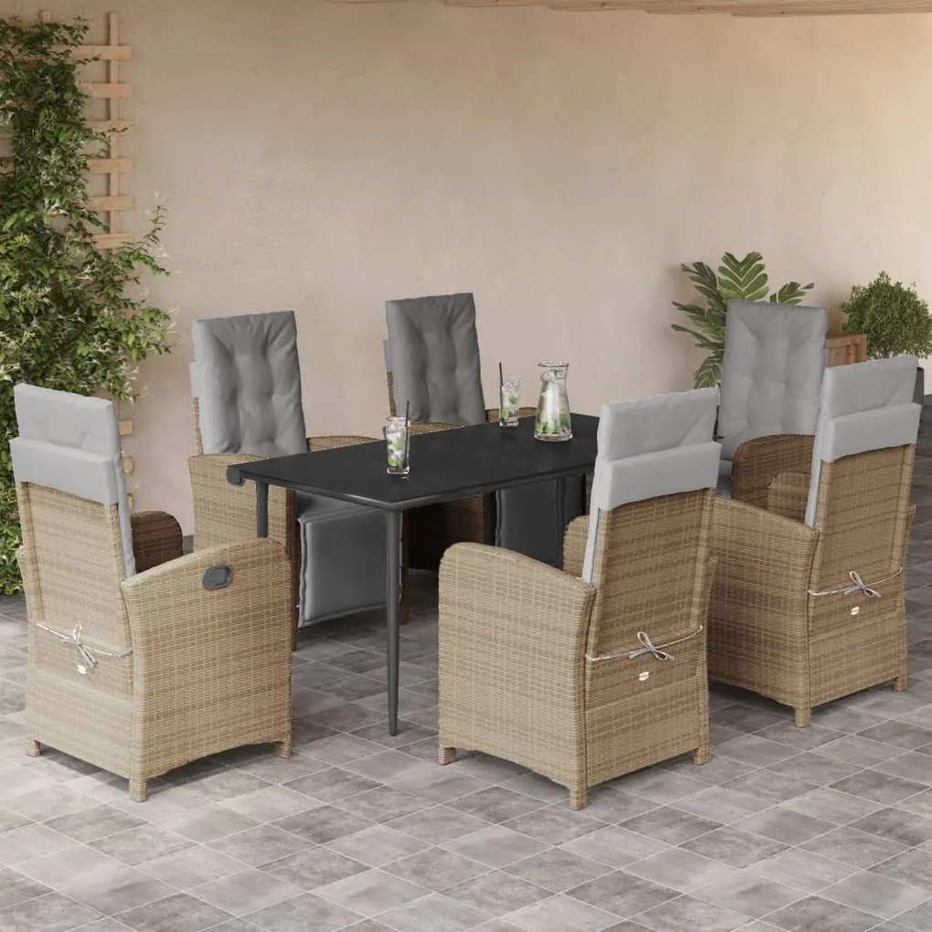 7 pcs conjunto de jantar p/ jardim com almofadões vime PE bege