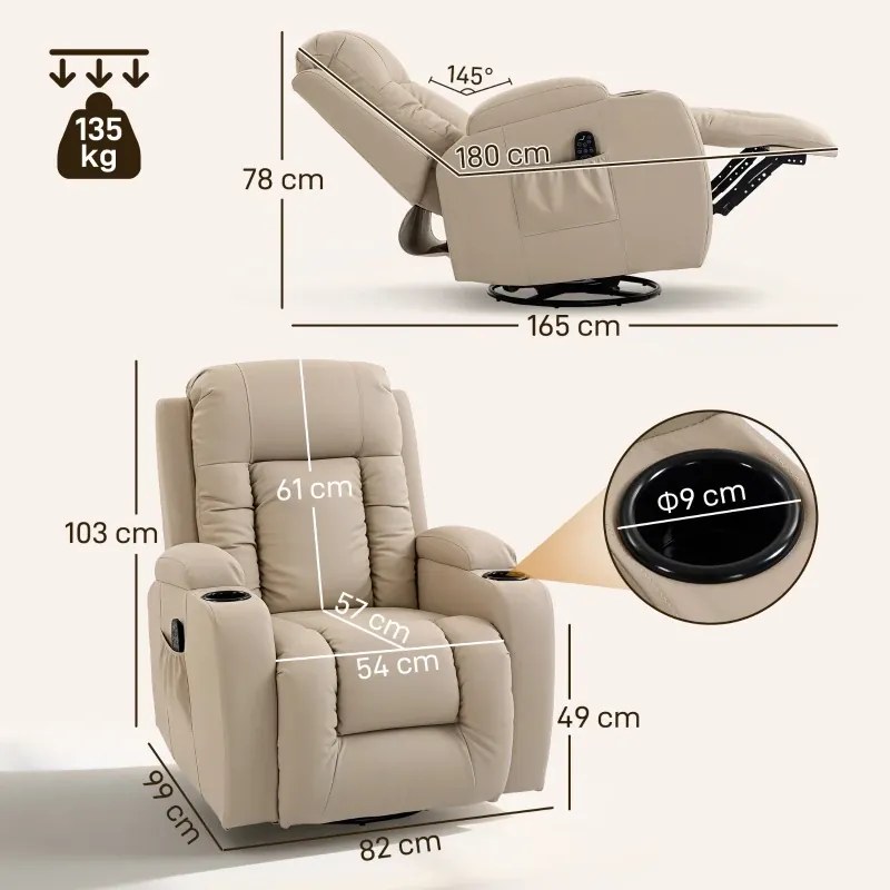 Poltrona de Massagem Reclinável até 145° com 8 Pontos de Massagem por Vibração Função de Aquecimento 82x99x103 cm Creme