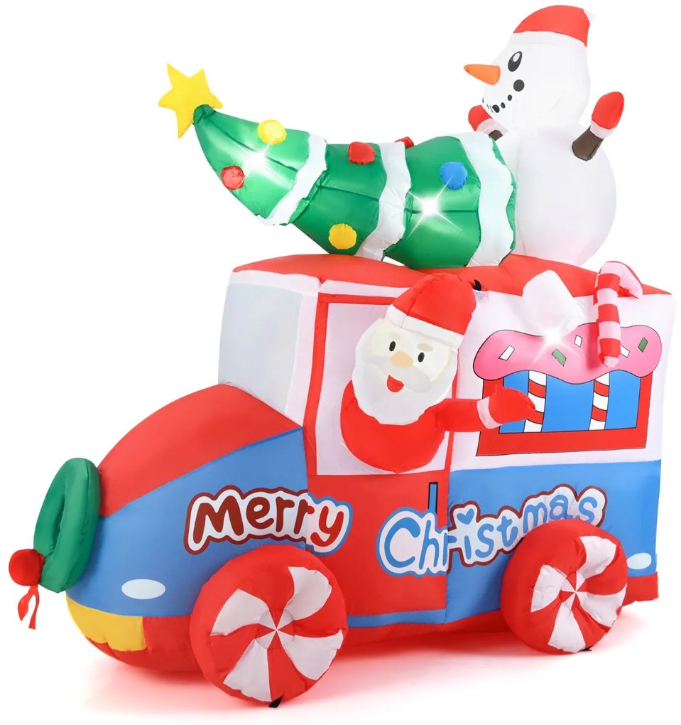 Pai Natal insuflável de 177 cm em carro de Natal Veículo festivo com boneco de neve, árvore de Natal e coroa de flores 5 luzes LED e Ventilador Multi
