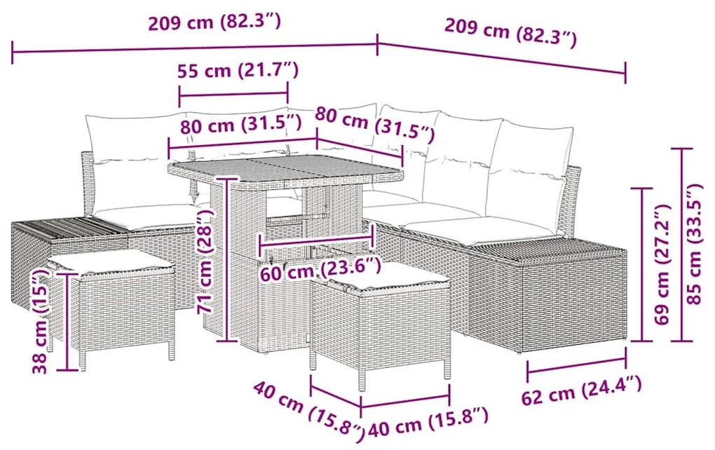 Conjunto de Sofá de Jardim de 8 Peças com Almofadas Bege em Rattan Sin