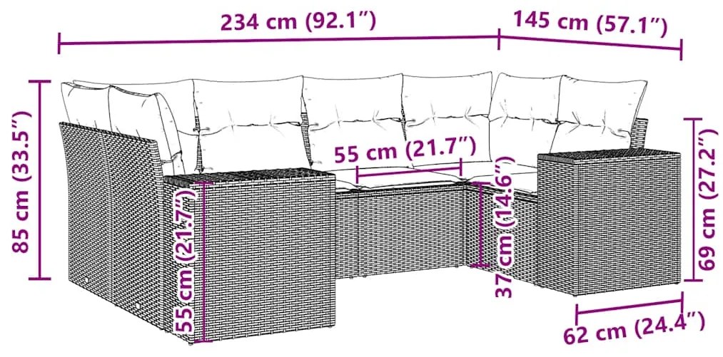 6 pcs conjunto sofás de jardim c/ almofadões vime PE preto