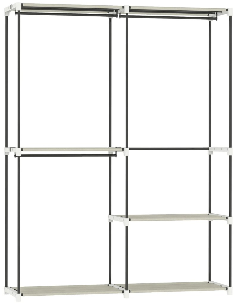 Guarda Roupa Aberto 142x43x185 cm Armário para Roupas com 4 Prateleiras de Tecido 3 Barras para Pendurar Creme