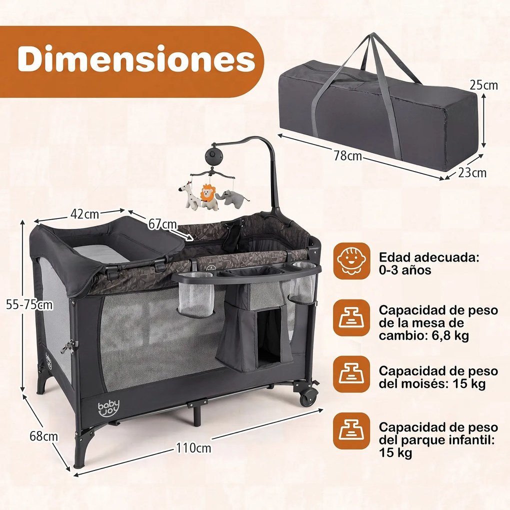 Berço Parque para Bebé 4 em 1, 110 x 68 x 55-75 cm, Dobrável, Cinzento