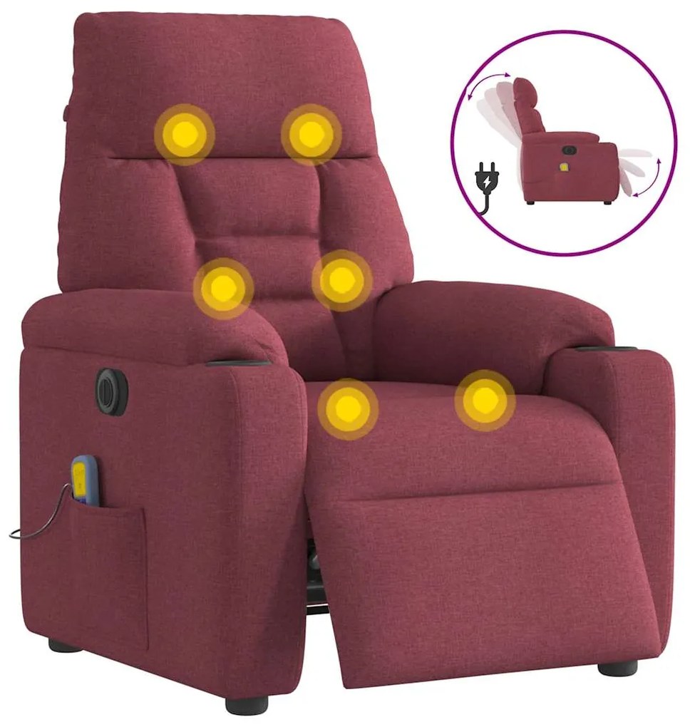 vidaXL Poltrona reclinável de massagens elétrica tecido vermelho tinto