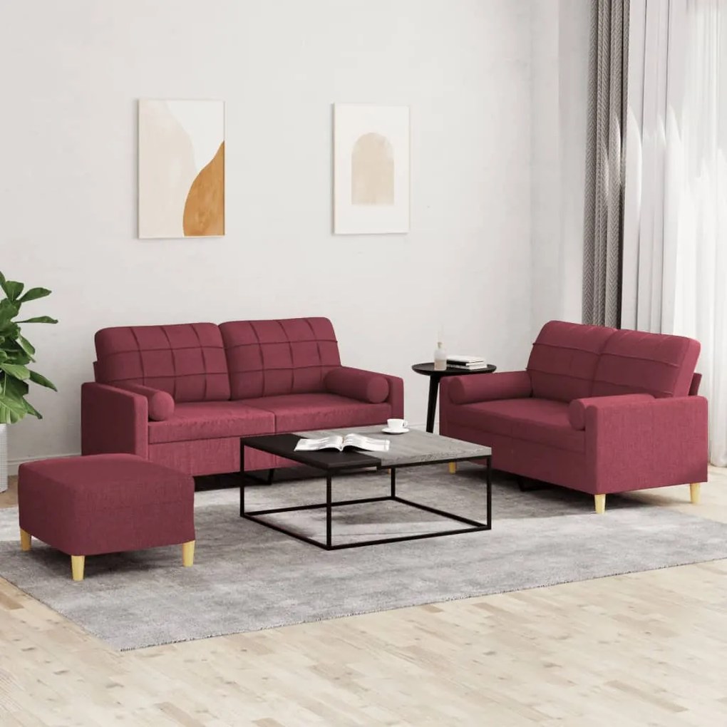 vidaXL 3 pcs conjunto de sofás com almofadas tecido vermelho-tinto