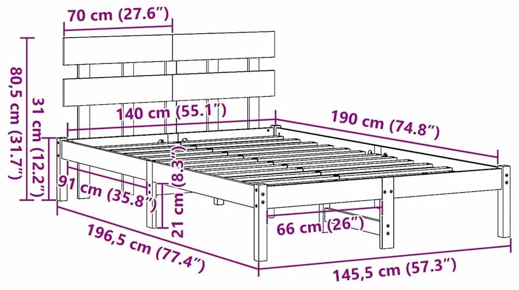 Estrutura de Cama com Cabeceira Castanho Encerado 140x190 cm Madeira S