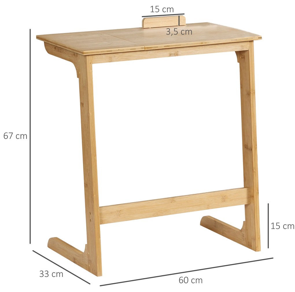 HOMCOM Mesa Auxiliar de Bambu Mesa em Forma de C com Bancada Abatível e Ângulo Ajustável 140-180° para Sala de Estar Dormitório 60x33x67cm Madeira
