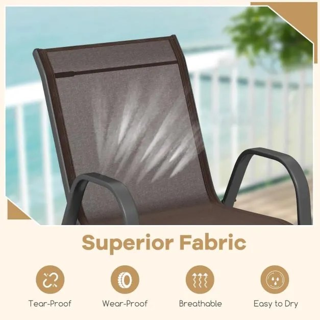 Conjunto de 4 cadeiras de jantar de jardim empilháveis Estrutura resistente ao tecido respirável Pátio exterior Praia 55 x 67 x 83 cm Castanho