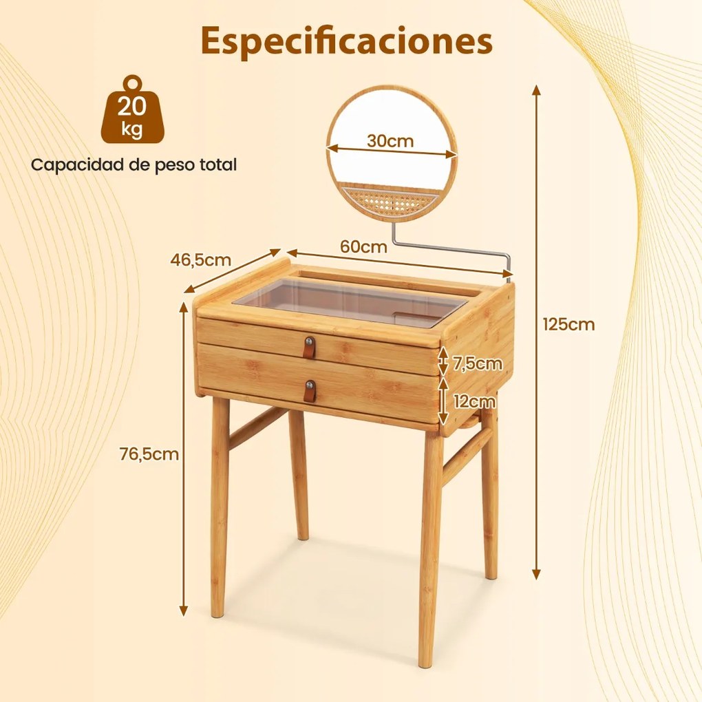 Toucador Mesa de maquilhagem com tampo de vidro temperado espelhado e 2 gavetas de arrumação 60 x 46,5 x 124 cm Natural