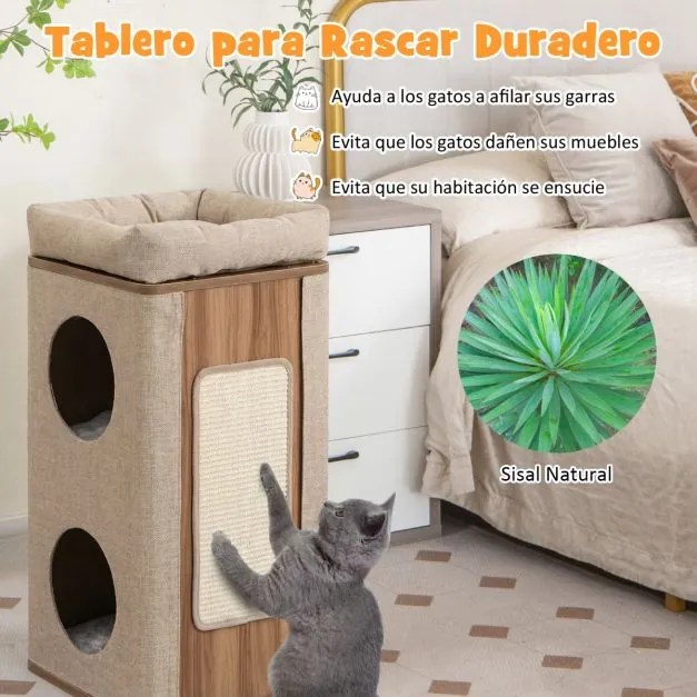 Casa para gatos de 3 andares 38 x 38 x 77,5 cm com tabuleiro para arranhar, 2 esconderijos e poleiro superior – – Natural e bege