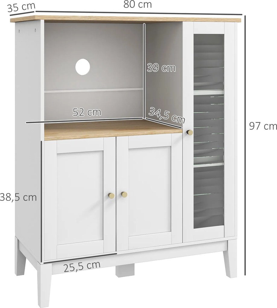 Móvel Auxiliar de Cozinha Moderno Móvel para Micro-Ondas com Prateleiras 3 Portas Compartimento Aberto 80x35x97 cm Branco