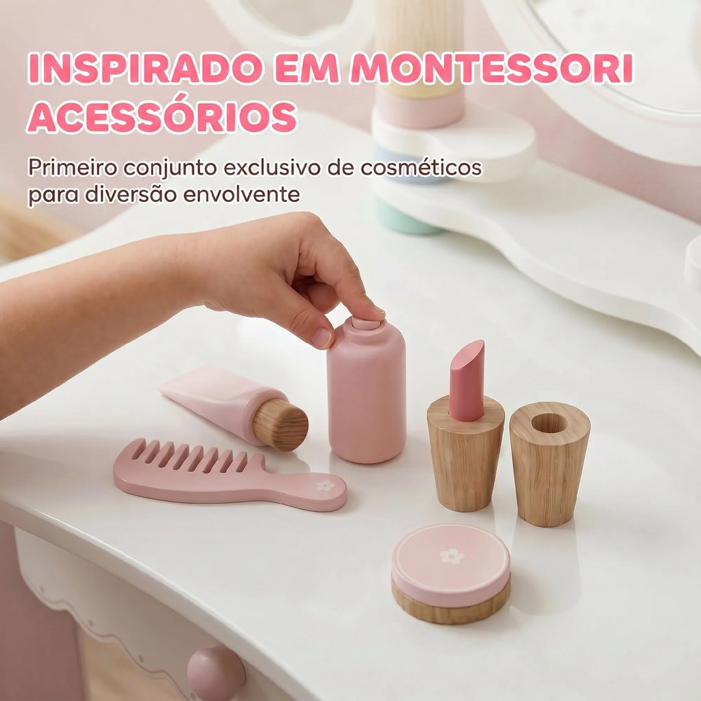 Toucador Infantil de Maquilhagem com Banco Espelhos Giratórios Gaveta e Acessórios e Bandejas Rosa +3 Anos