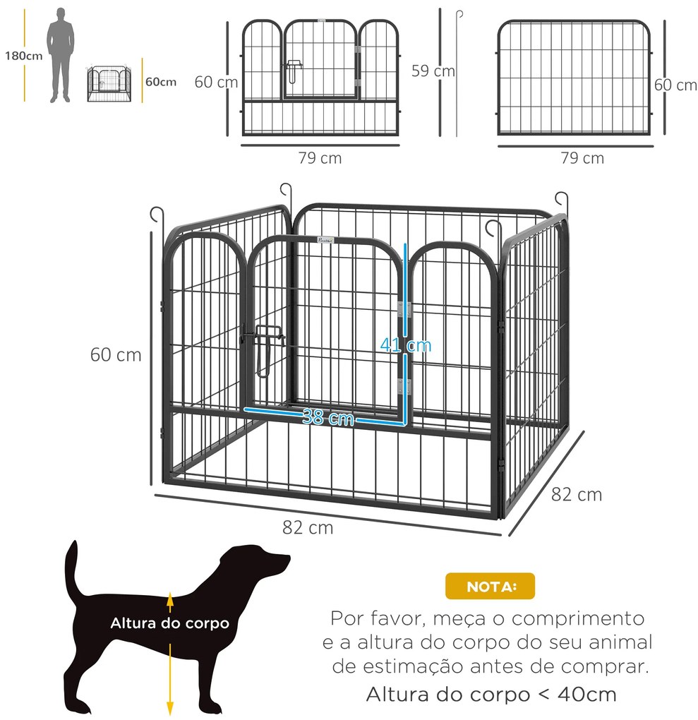 PawHut Parque para Cães com 4 Painéis Parque para Animais de Estimação Dobrável 82x82x60cm com Porta e Fechadura para Exterior e Interior Cinza