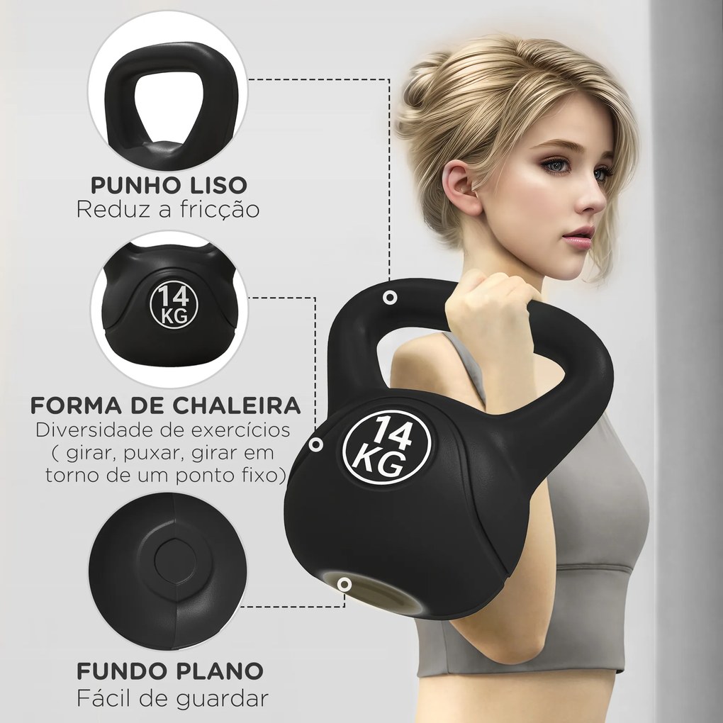 Peso Russo de 14 kg Kettlebell Fitness Preenchido de Areia com Punho Largo Antiderrapante 26x18x32 cm Preto