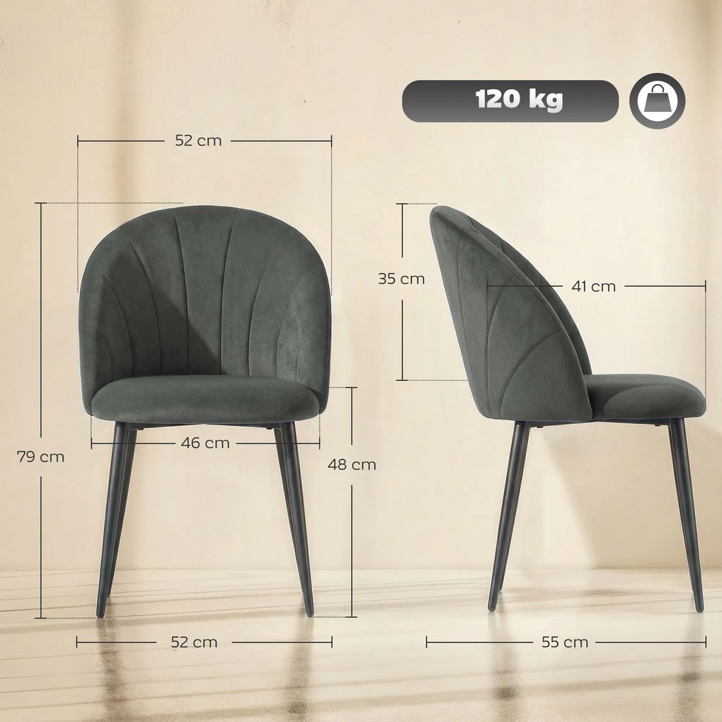 Conjunto de 2 Cadeiras de Jantar em Concha (MESA NÃO INCLUIDA), 52 x 55 x 79 cm, Almofadadas, Cinzento